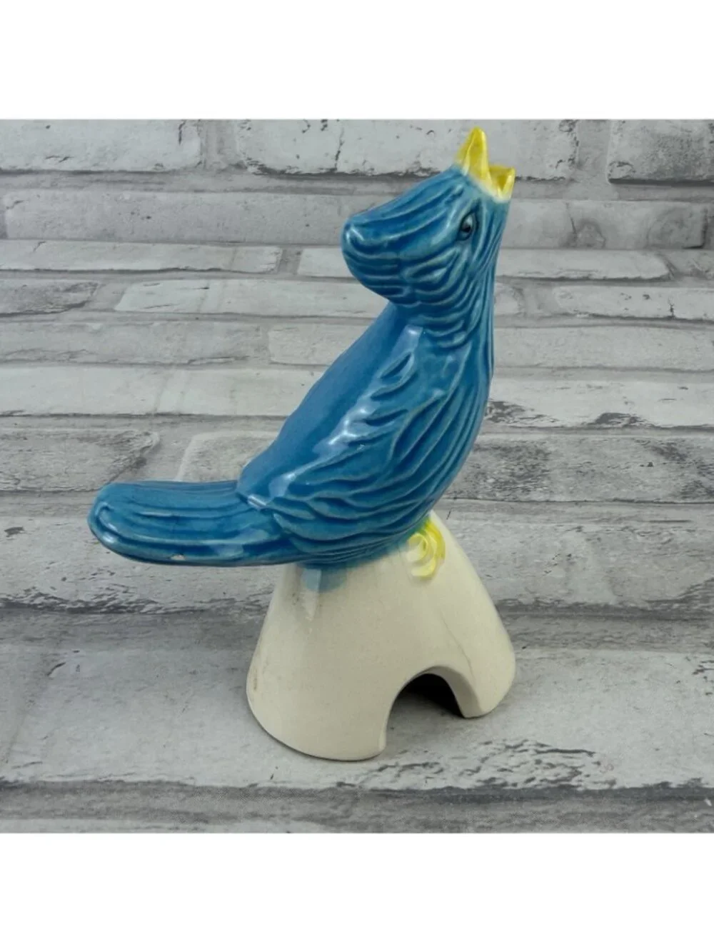 Vintage Ceramic Pie Bird Figurine Blue Yellow Chipped Beak